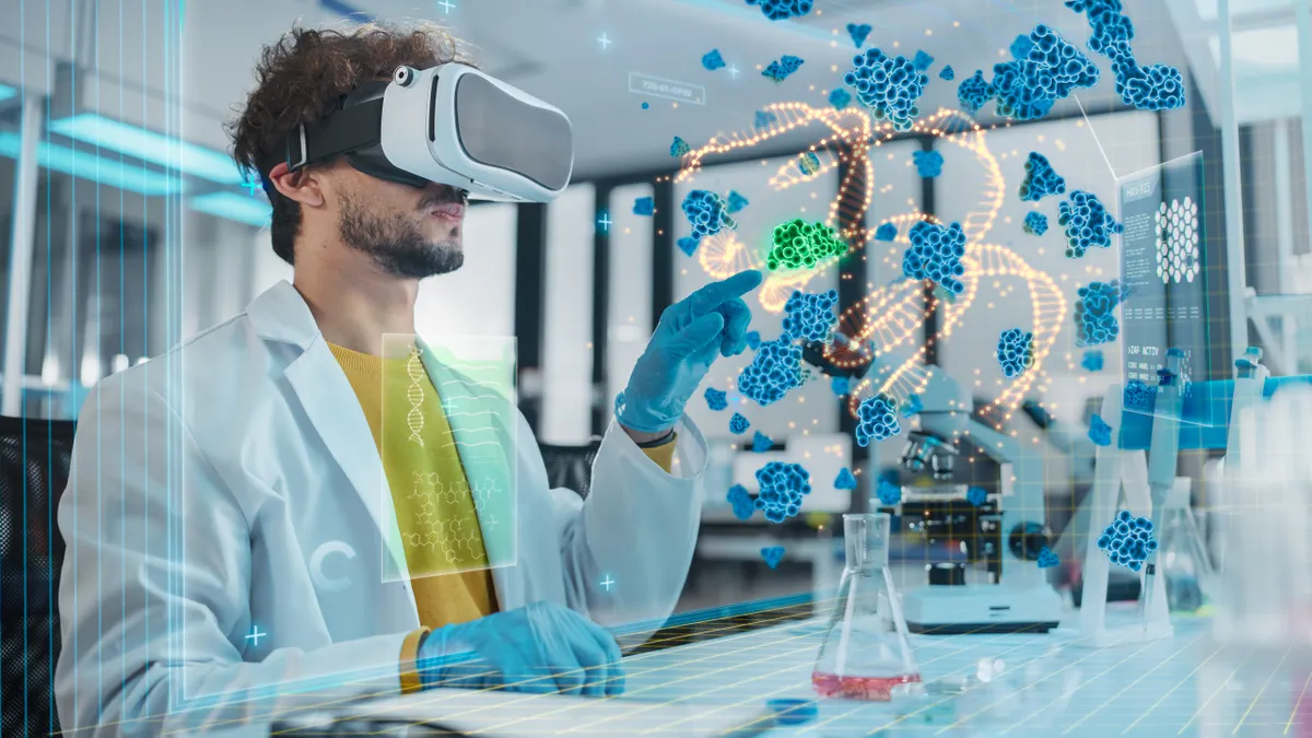 Futuristic Medical Research Laboratory: Research Scientist Wearing Virtual Reality Headset, Does Augmented Reality Research of Bacteria Genome,