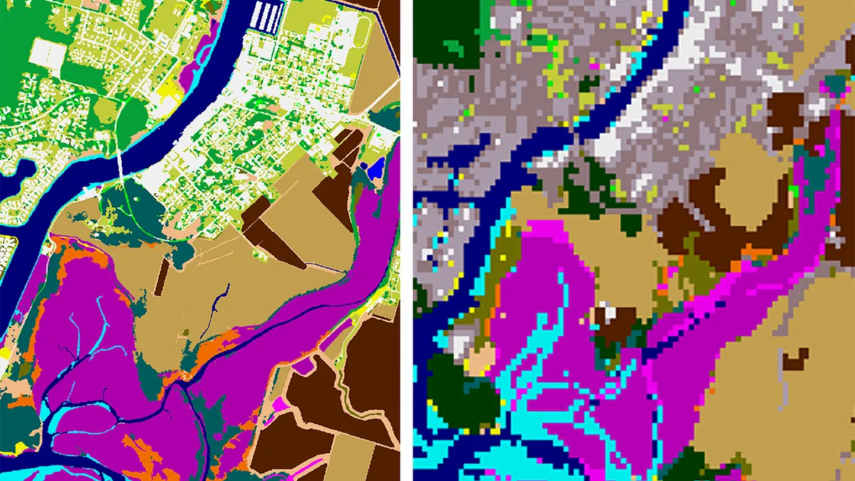 Two colorful maps side by side, with the left map in clearer resolution and the right map more pixelated