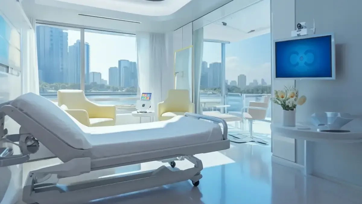 An empty hospital room has a TV screen with a camera and sensor mounted above it on the wall.