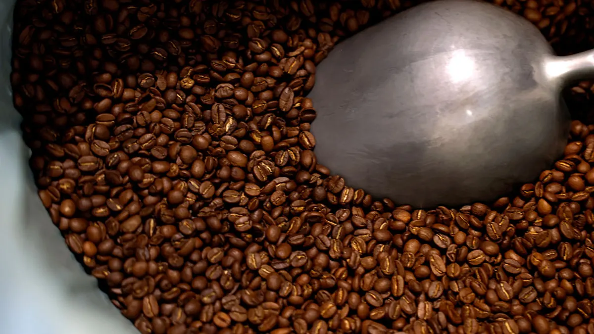 Freshly roasted coffee beans are seen in a barrel
