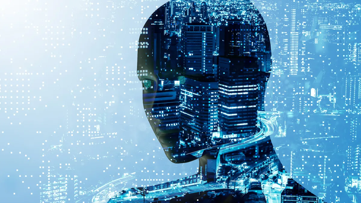 Silhouette of person's head surrounded by cityscape.