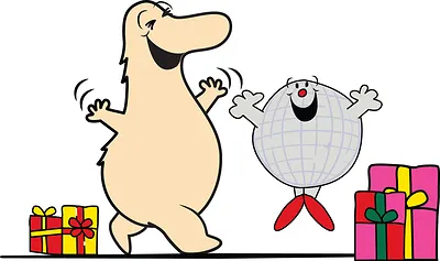 Two cartoon characters walking and wrapped gifts