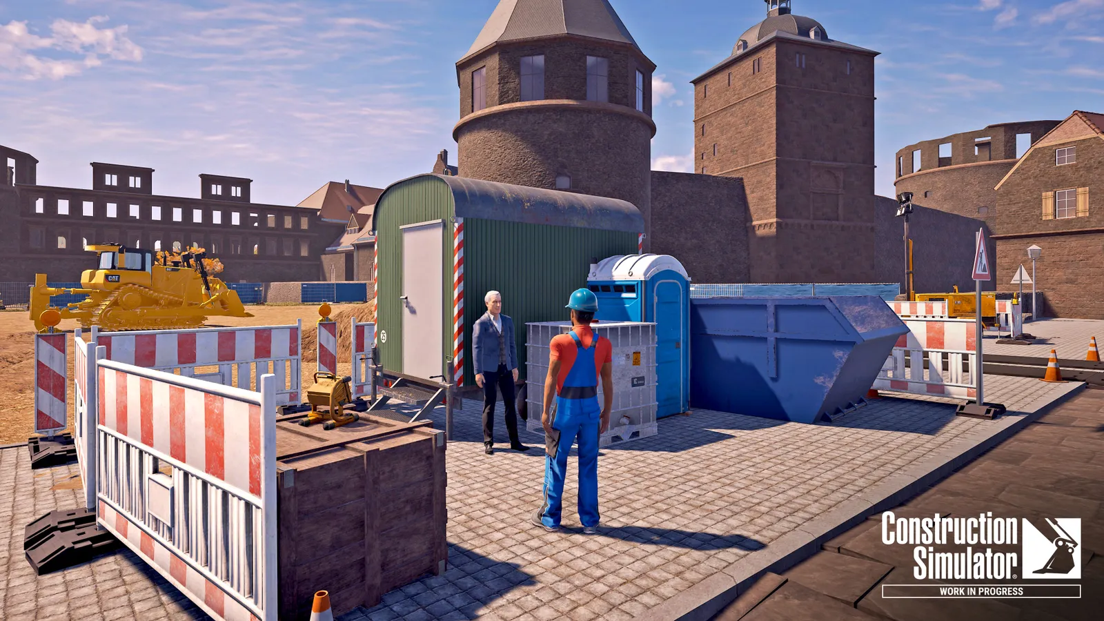 A construction worker in the foreground interacts with a person in a suit on a construction site render in Construction Simulator.