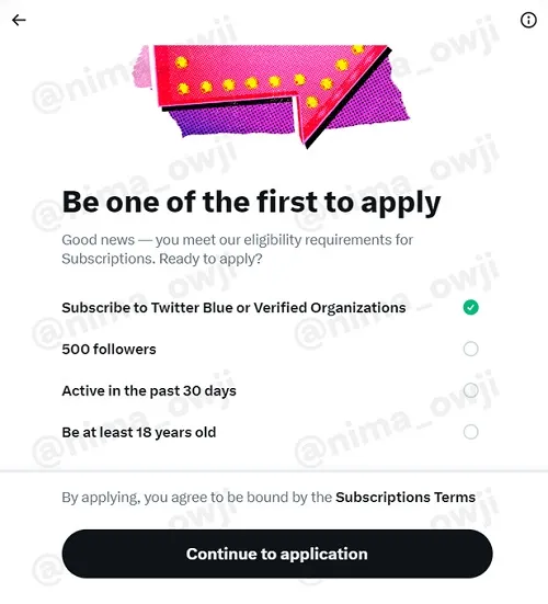 Twitter Subscriptions welcome screen