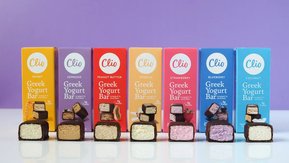 Clio Snacks makes refrigerated Greek yogurt bars wrapped in chocolate