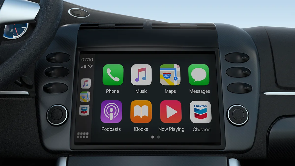 Chevron's Apple CarPlay-integrated app displayed on a car dashboard