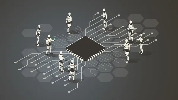 Digital tablet displaying “AI AGENTS” with connected icons representing data, cloud computing and automated tools.