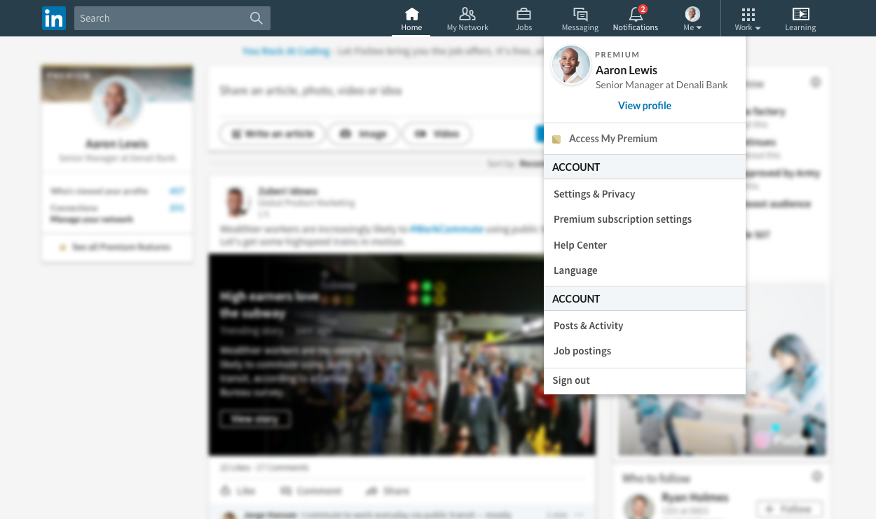 LinkedIn shared menu