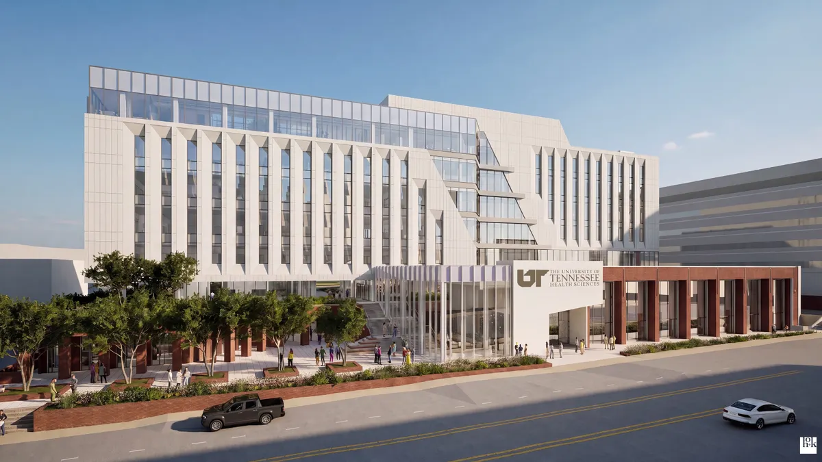 A rendering of a large, white building with many windows on a busy city street on a sunny day.
