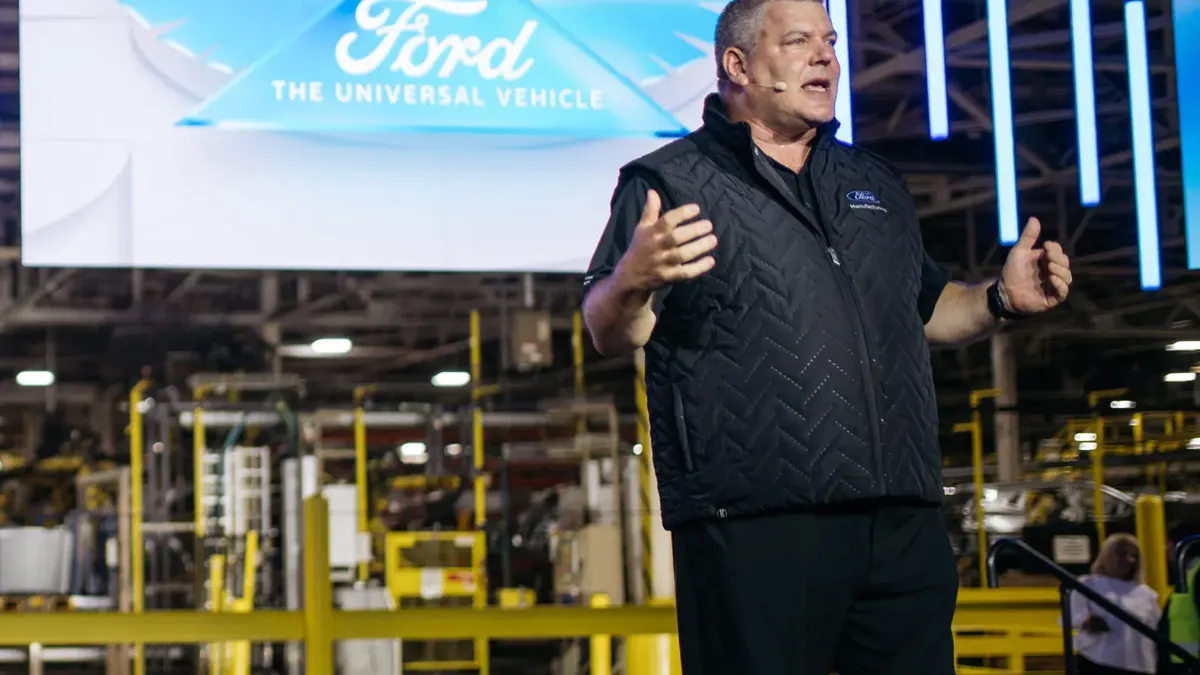 Bryce Currie, Ford's new chief manufacturing officer, answers questions about the automaker's new Universal EV Production System at its Louisville, Kentucky plant in August.