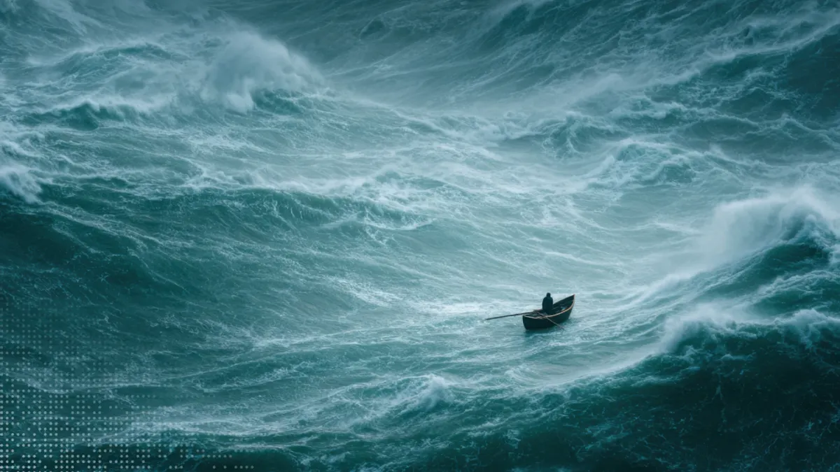 A lone rowboat navigates through vast, turbulent waves in a stormy sea, conveying a sense of isolation and struggle against nature's power.