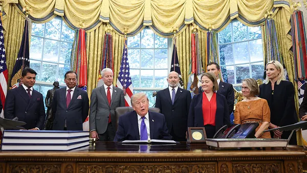 U.S. President Donald Trump answers questions from reporters during an announcement in the Oval Office at the White House on Sept. 28, 2026 in Washington, DC.