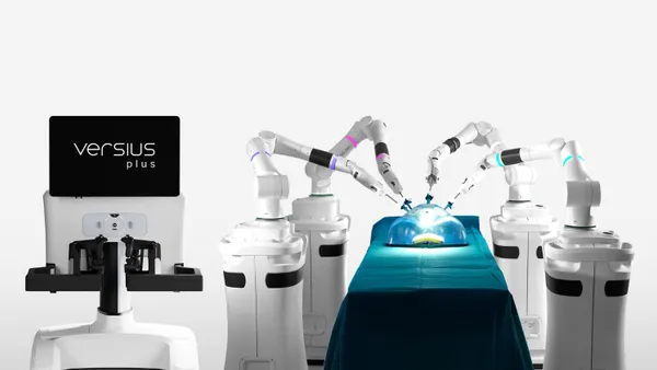 CMR Surgical's Versius Plus robotic system is shown against a white background.
