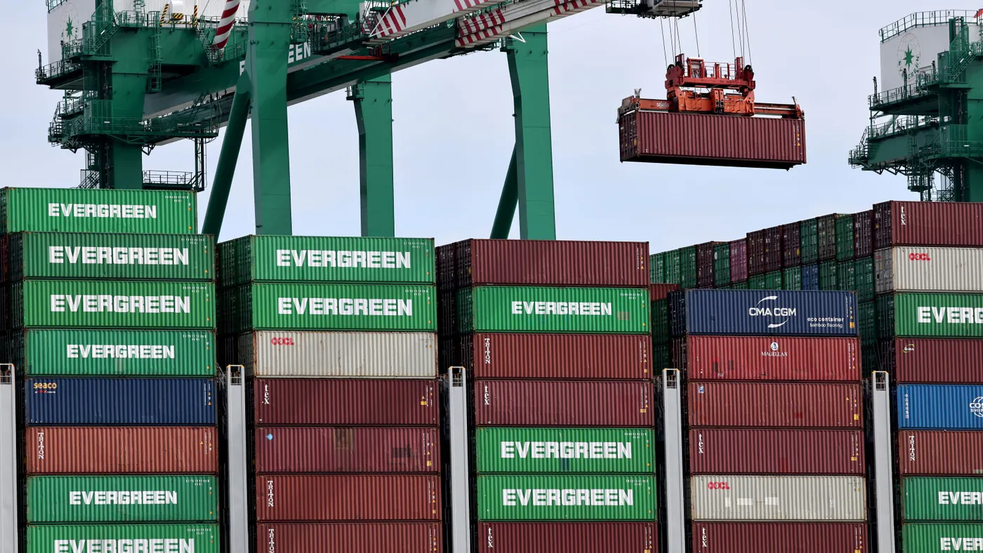 A shipping container is offloaded at the Port of Los Angeles on Sep. 25, 2026.