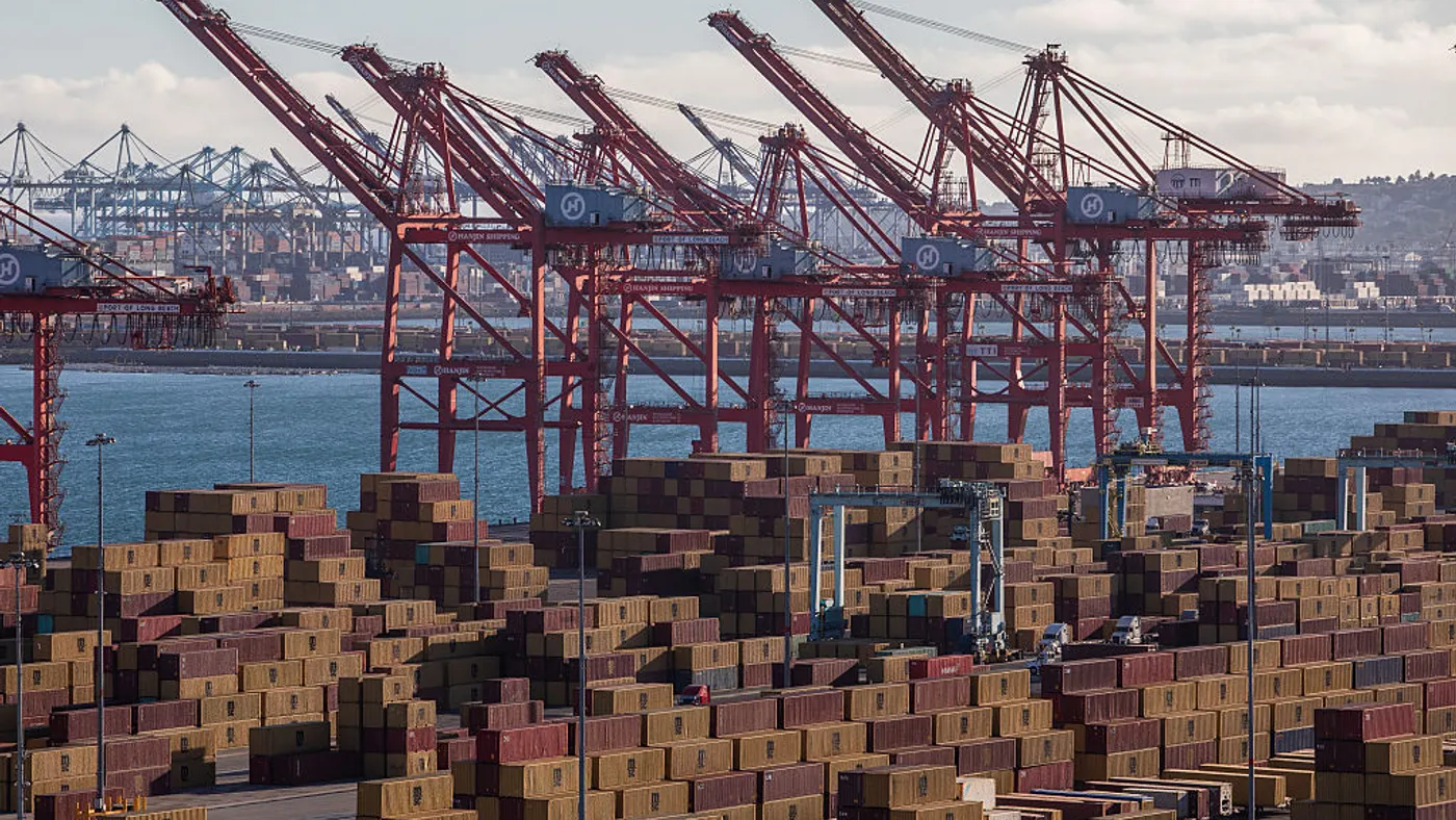 Stacks of shipping containers are seen at the Port of Long Beach.