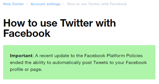 Twitter help center page on connecting to Facebook