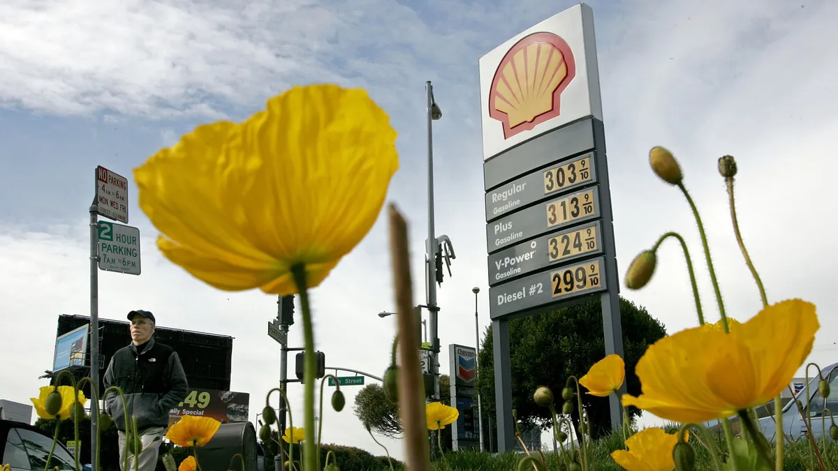 Gas prices are seen displayed at a Shell station.