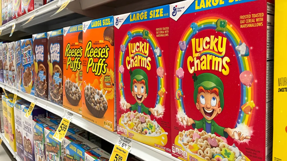 Boxes of cereal at a grocery store.
