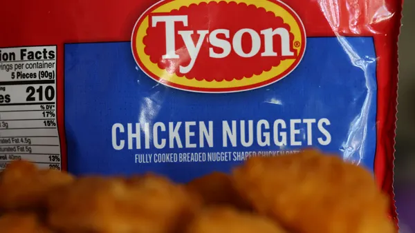 The Tyson logo is seen on a bag of frozen chicken nuggets