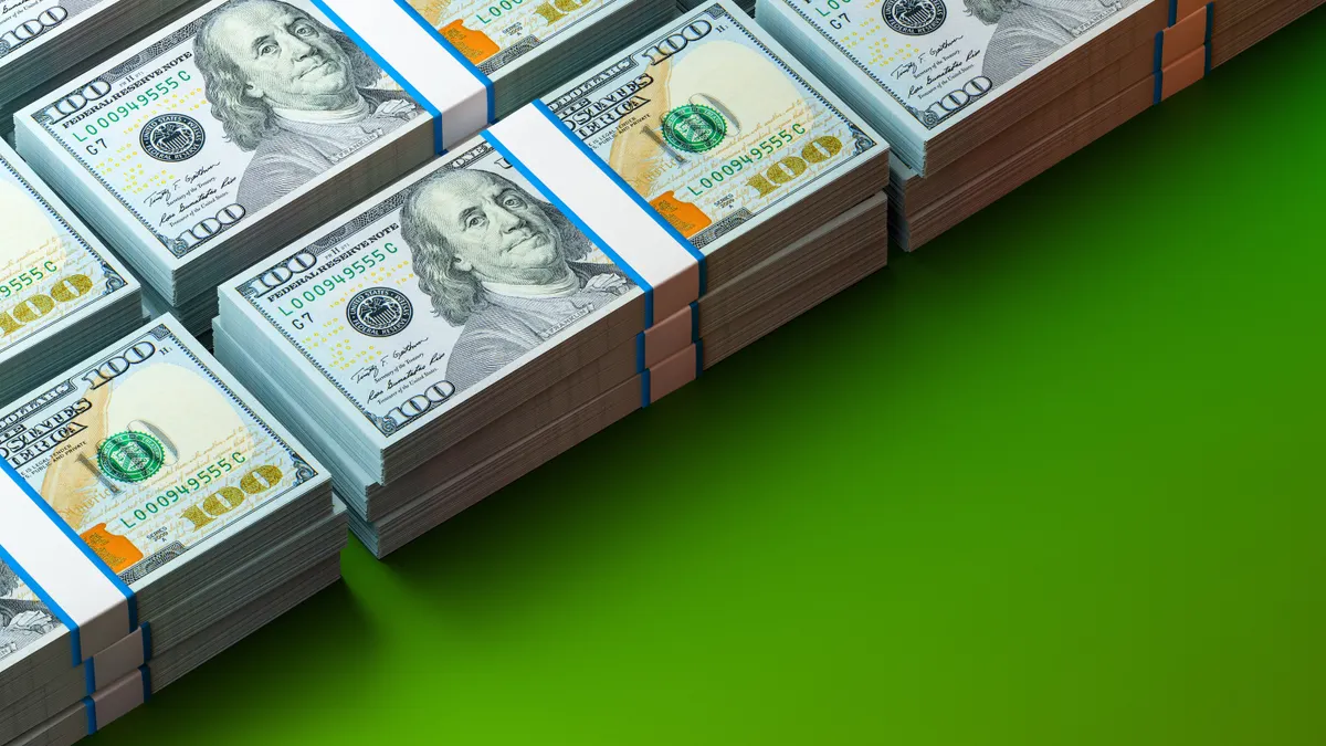 A 3D render illustrating stacks of $100 bills against a green background.