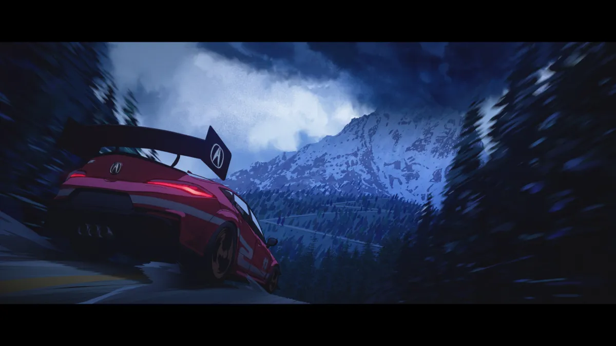 An animated image of Acura's 2024 Integra Type S in red on a mountainous road.