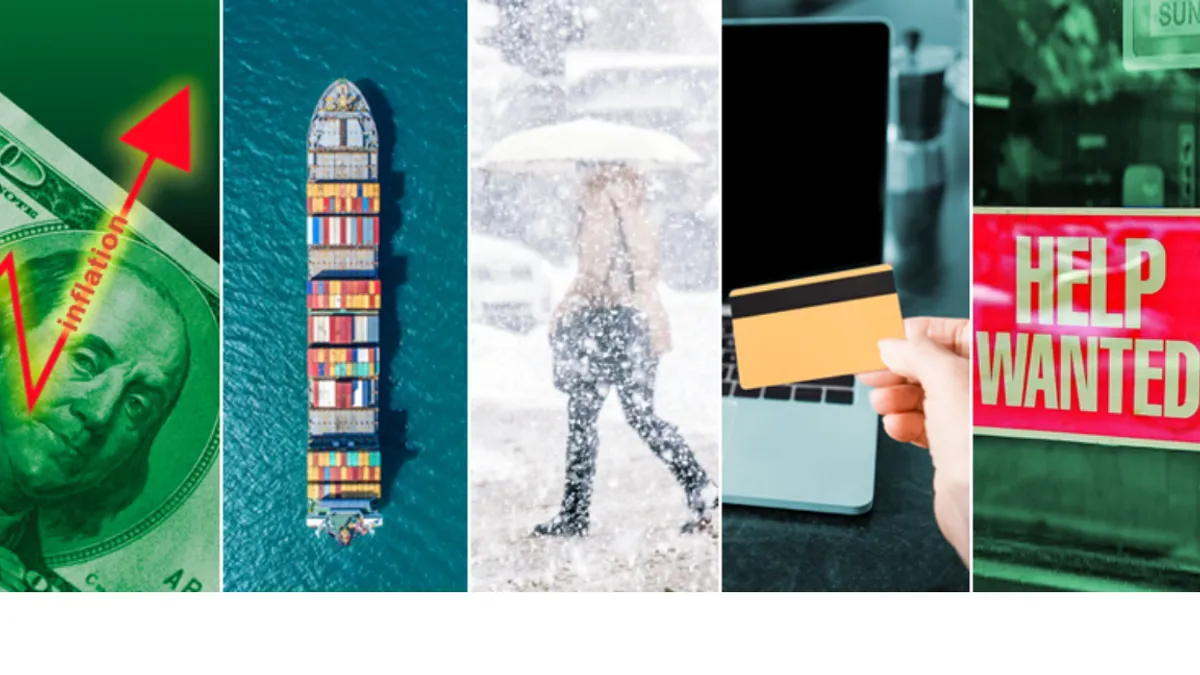 Collage of dollar bill, boat, person walking in snow, person holding credit card, window with help wanted sign