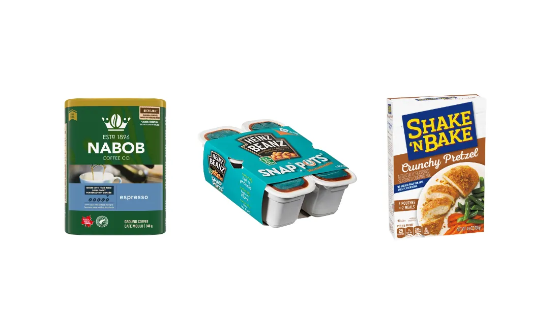 Kraft Heinz products lined up: Shake 'N Bake seasoned coating mix, Heinz Beans Snap Pots, and NABOB coffee.