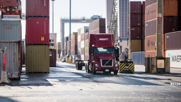 Freight truck in shipping cargo area