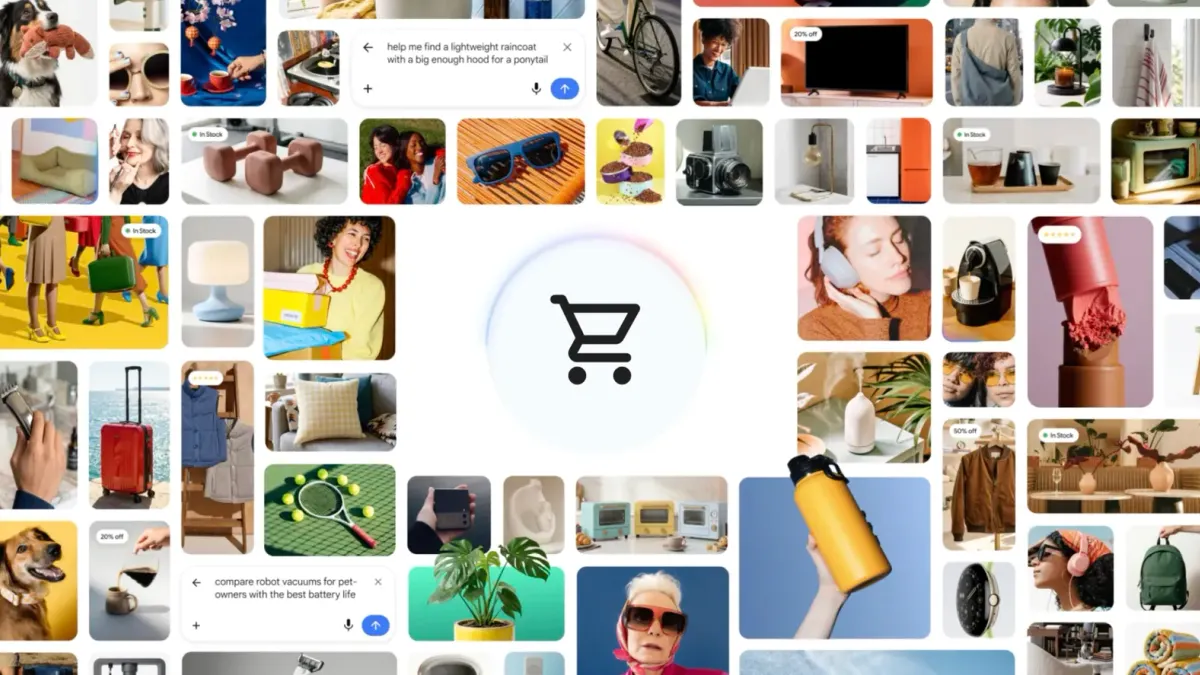 Product images surround an image of a shopping cart.