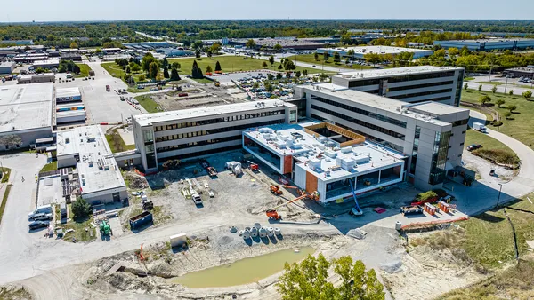 An overhead view of corporate buildings.