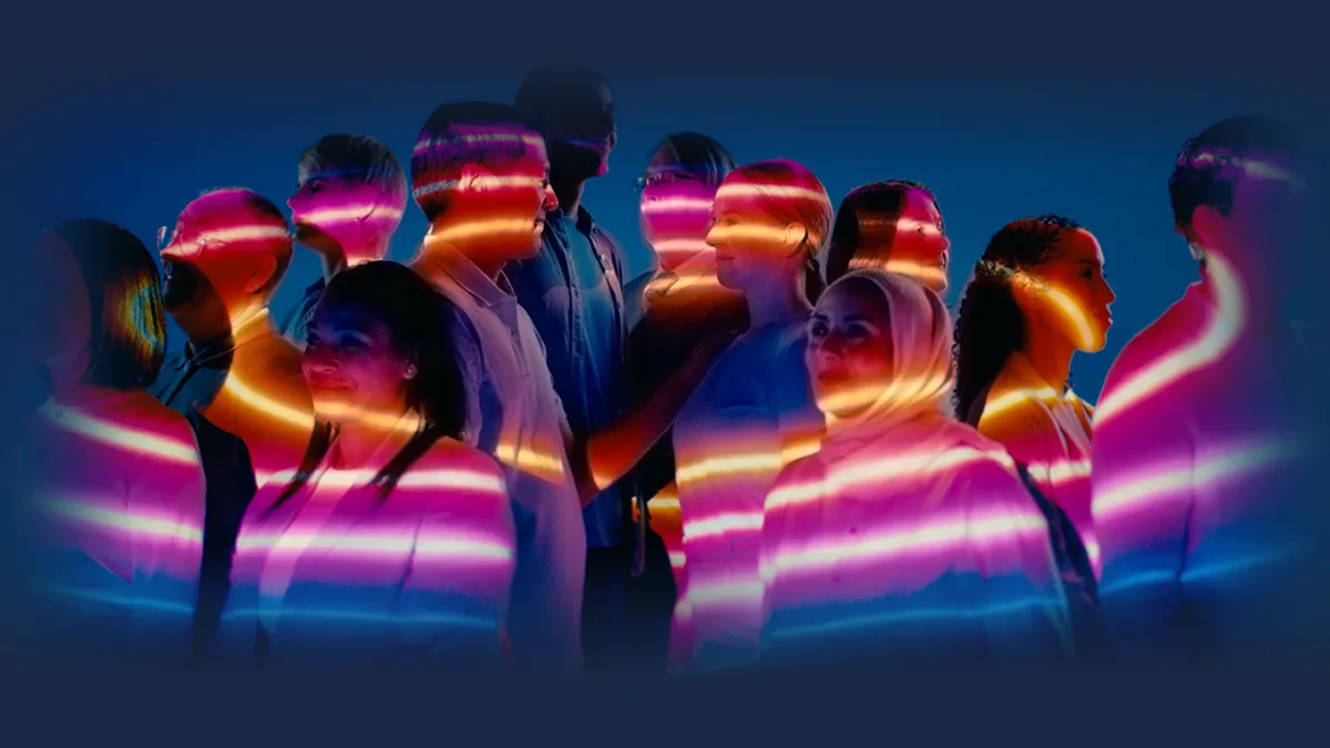 Group of people, lighting stripes over them