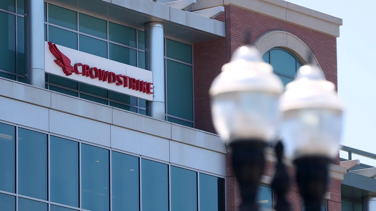 The CrowdStrike logo on the exterior of the cybersecurity vendor's office building on July 30, 2024 in Sunnyvale, California.
