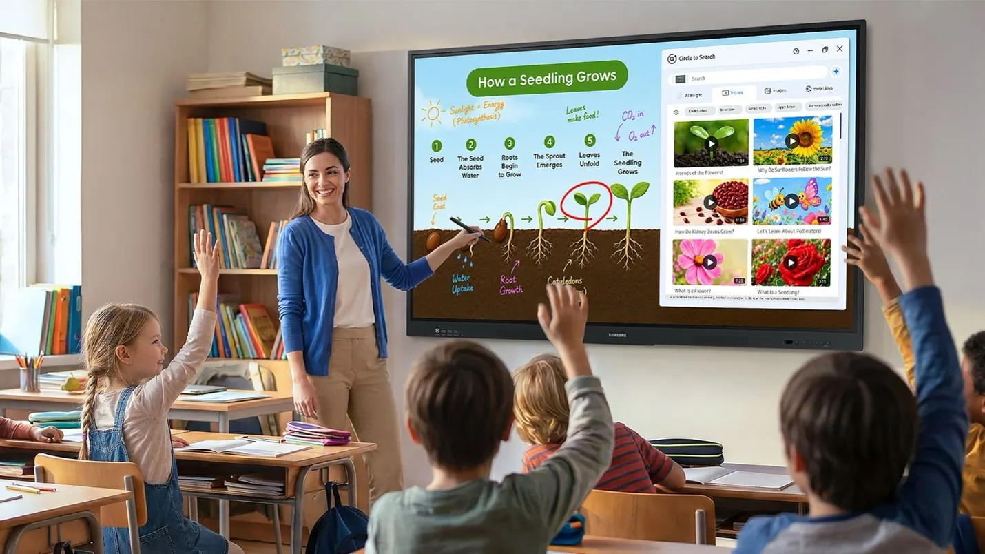 A teacher uses Circle to Search on a Samsung Interactive Display to find related classroom content.