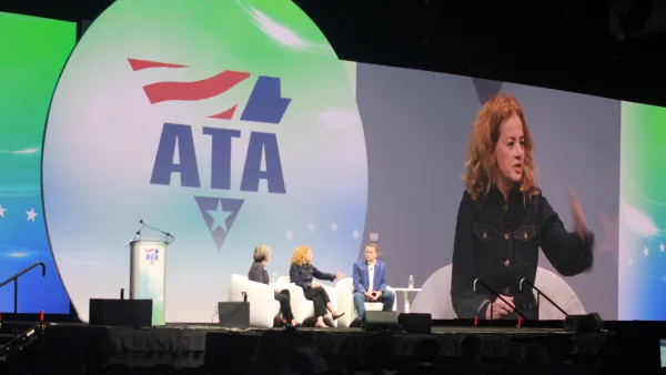 Legal leaders from the ATA, Wabash and Werner talk on stage at the San Diego Convention Center on Oct. 28 for a panel on navigating lawsuit abuse.