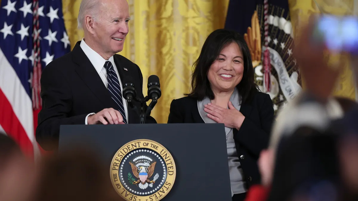 President Joe Biden introduces Julie Su, his nominee for labor secretary, at a Feb. 28 ceremony.