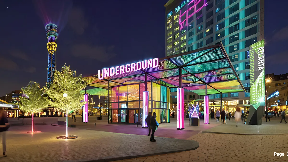 Rendering of a tall building with many windows and a glass awning with neon letters that say UNDERGROUND.