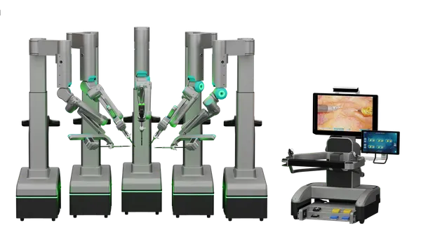 The robotic arms and surgeon's console of SS Innovations' SSi Mantra 3 system are pictured.