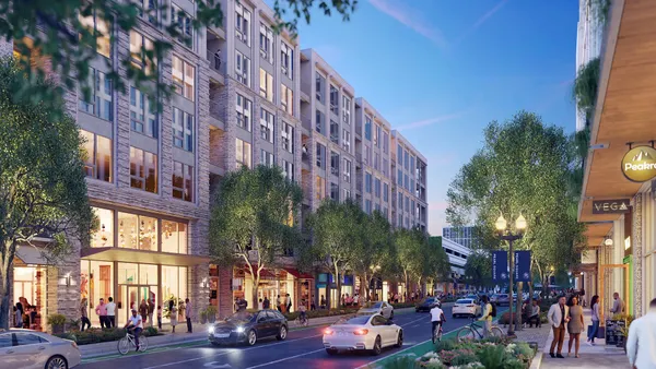 A rendering of a mid-rise apartment building.