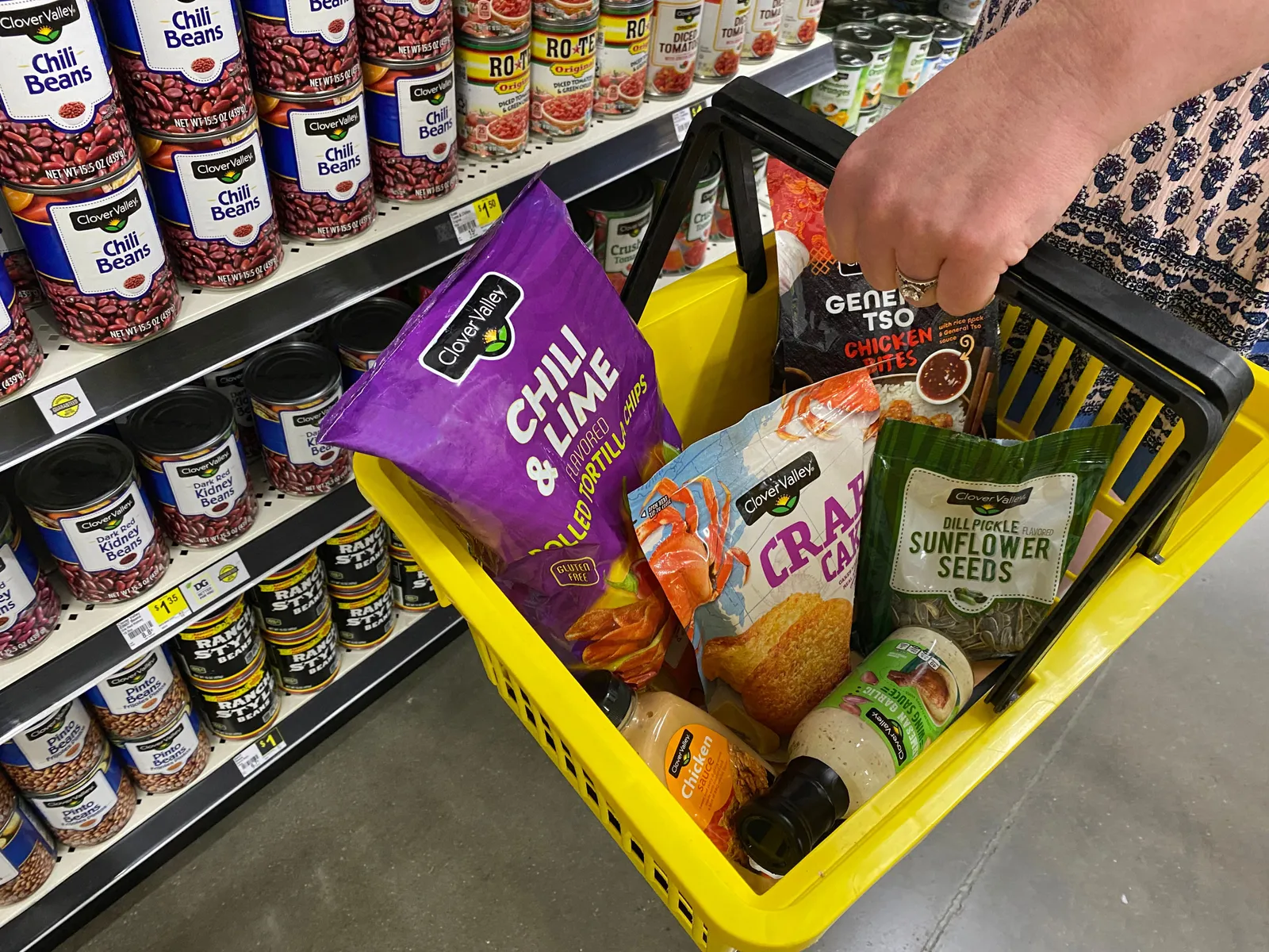 Basket full of Dollar General&#x27;s Clover Valley products