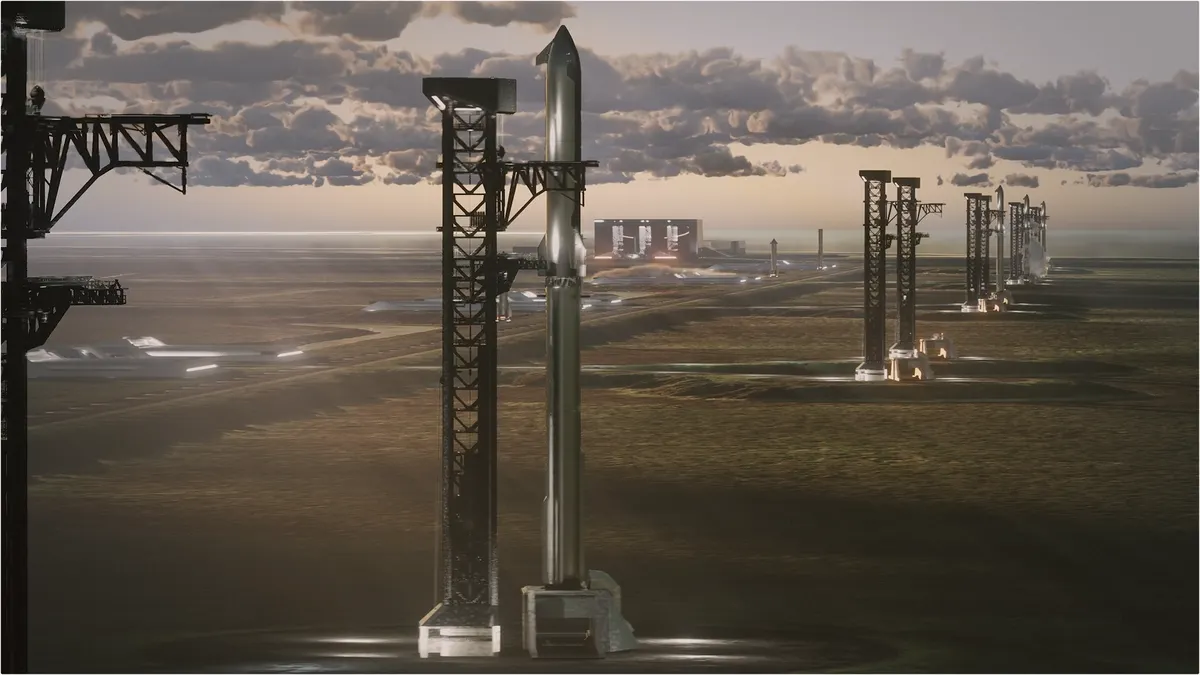 A row of rockets on launch pads set to lift off at dusk.