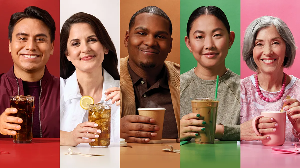 Various people with a drink and sweeteners