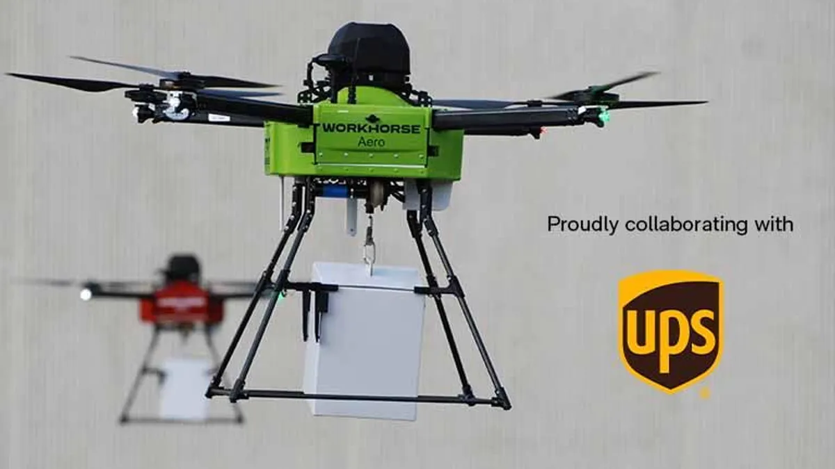 A Horsefly drone by Workhorse flies in the air with a UPS logo next to it.