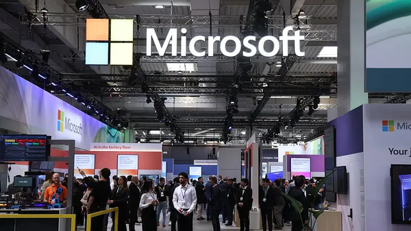The Microsoft pavilion stands are seen at the Hannover Messe industrial trade fair on March 31, 2025 in Hanover, Germany.