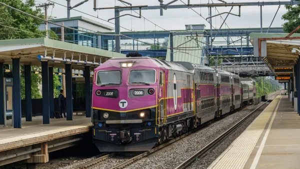 A train at a station.