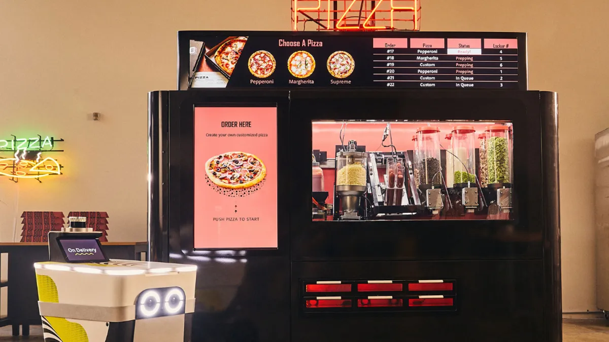 Serve Robotics delivery robot sits near Piestro's automated pizza kiosks