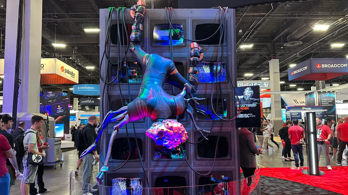 CrowdStrike's super-sized statue of the threat group it calls Scattered Spider on the show floor at Black Hat on August 8, 2024.