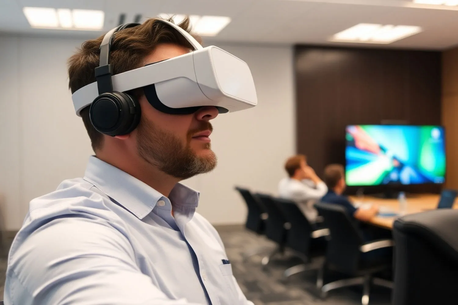 A person wearing a virtual reality headset sits in a conference room.