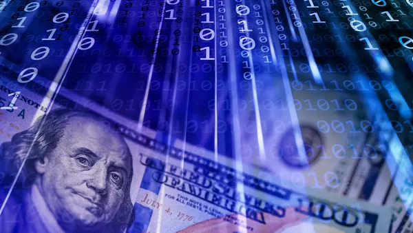 Binary code abstract background with US $100 dollar banknotes.