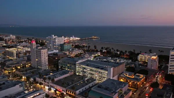 An aerial shot of Santa Monica at night.
