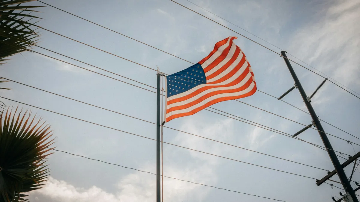 An American flag waving on a tall flagpole against a partly cloudy sky, with power lines and utility poles in the background and palm leaves visible at the edge of the frame.